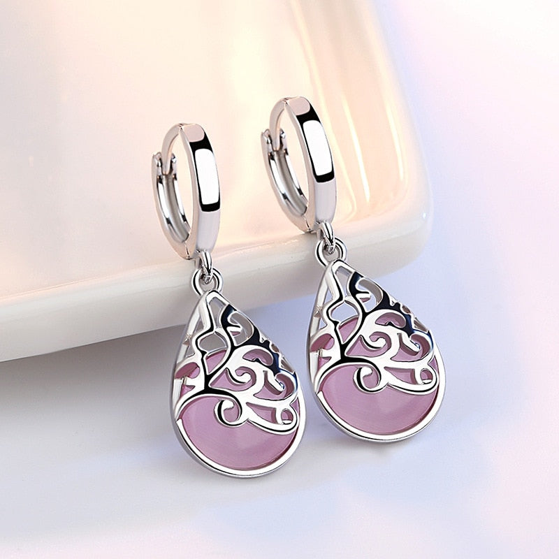 Trendy Opal Stone Flower 925 Sterling Silver Ladies Stud Earrings