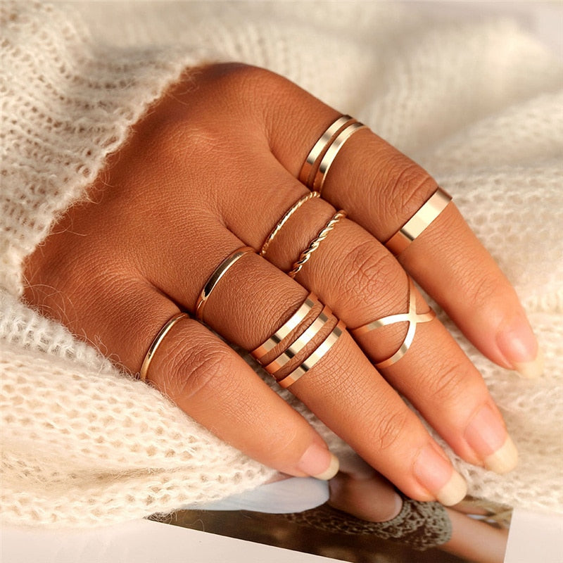 Original Design Gold Color Round Hollow Geometric Rings Set For Women