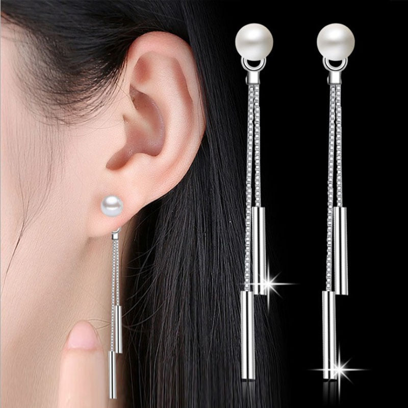 Silver 925 Stud Earring Simple Pearl Long