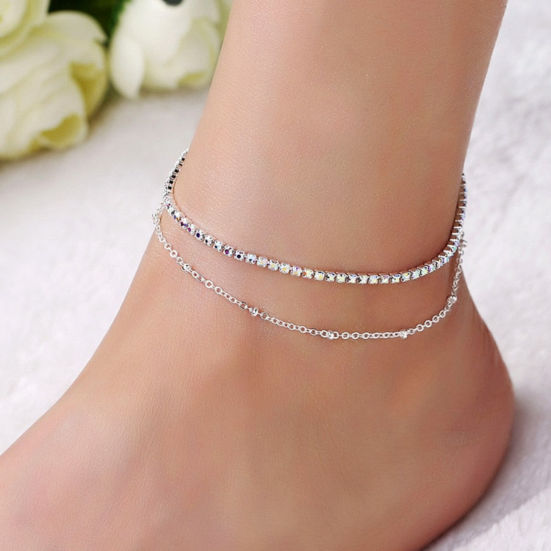 Women Double Foot Chain Cavigliere Silver Color Chain De pied Ankle Bracelets