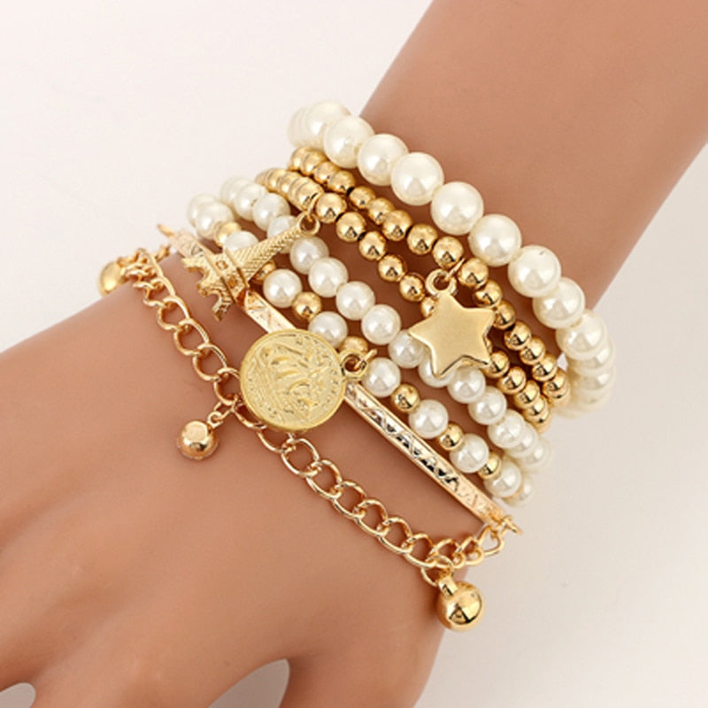 6pcs/set Fashion Gold Color Beads Pearl Star Multilayer Beaded Bracelets Set for Women