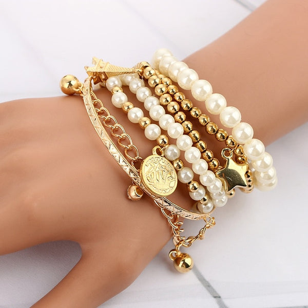 6pcs/set Fashion Gold Color Beads Pearl Star Multilayer Beaded Bracelets Set for Women